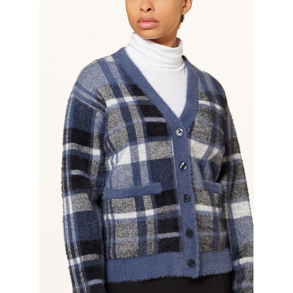 NEW Levis Plaid Betty Cardigan Sweater Fuzzy Knit Blue Black Button Pockets XS